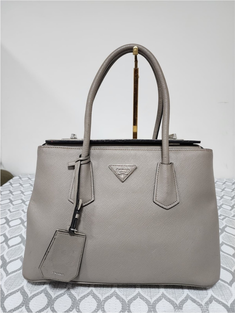Prada Grey Saffiano Cuir Leather Twin Tote Bag